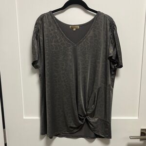 Democracy Gray w/gold shimmer Short Sleeve V-Neck Twist Front Top